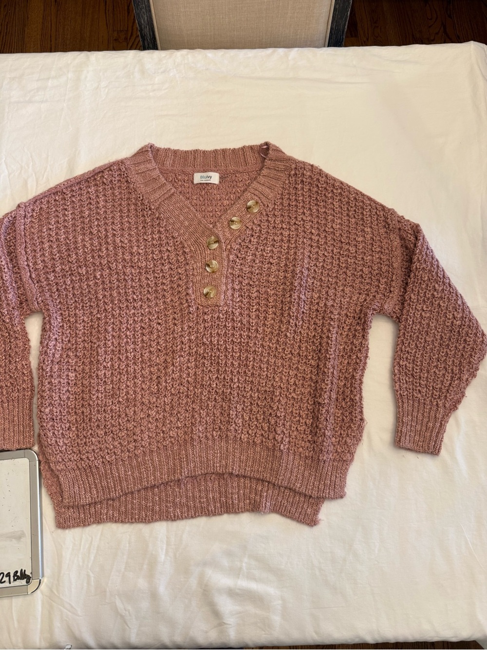 Bluivy Dusty Rose V-Neck Knit Sweater with Button Placket
